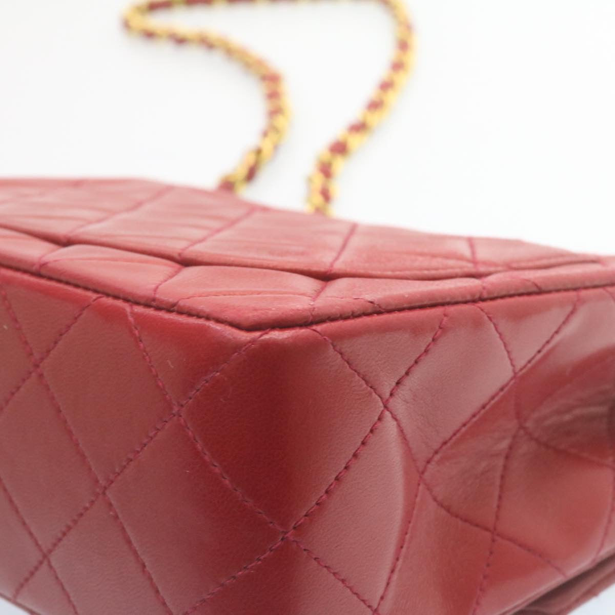 CHANEL Matelasse Chain Flap Shoulder Bag Lamb Skin Turn Lock Red CC 28661A