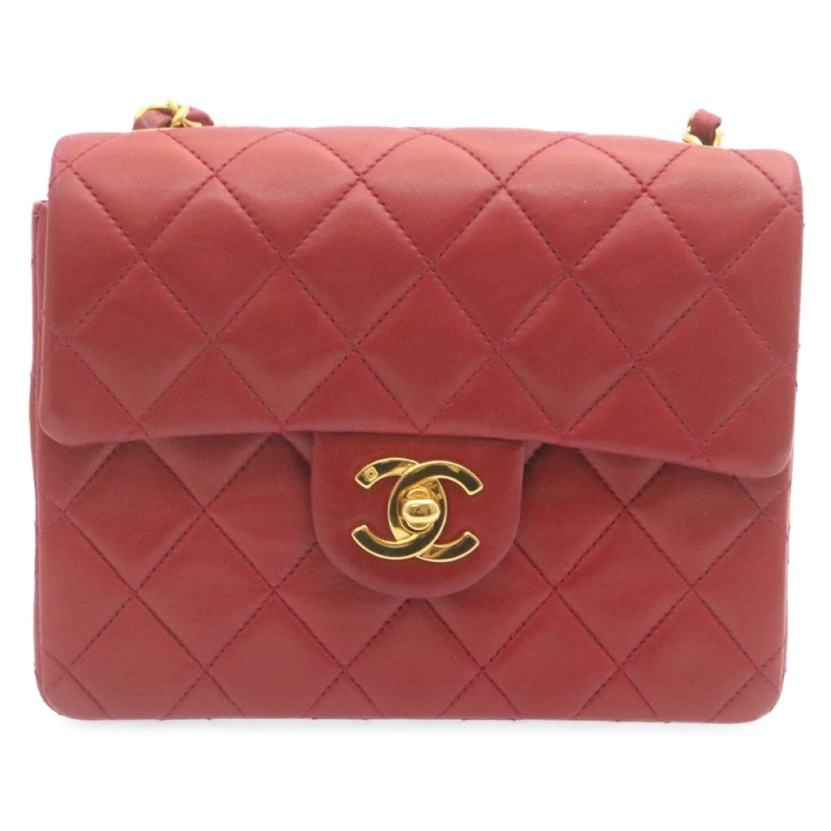 CHANEL Matelasse Chain Flap Shoulder Bag Lamb Skin Turn Lock Red CC 28661A