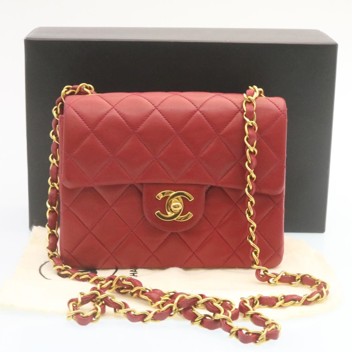 CHANEL Matelasse Chain Flap Shoulder Bag Lamb Skin Turn Lock Red CC 28661A