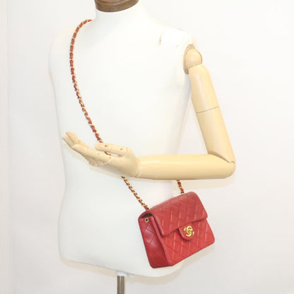 CHANEL Matelasse Chain Flap Shoulder Bag Lamb Skin Turn Lock Red CC 28661A