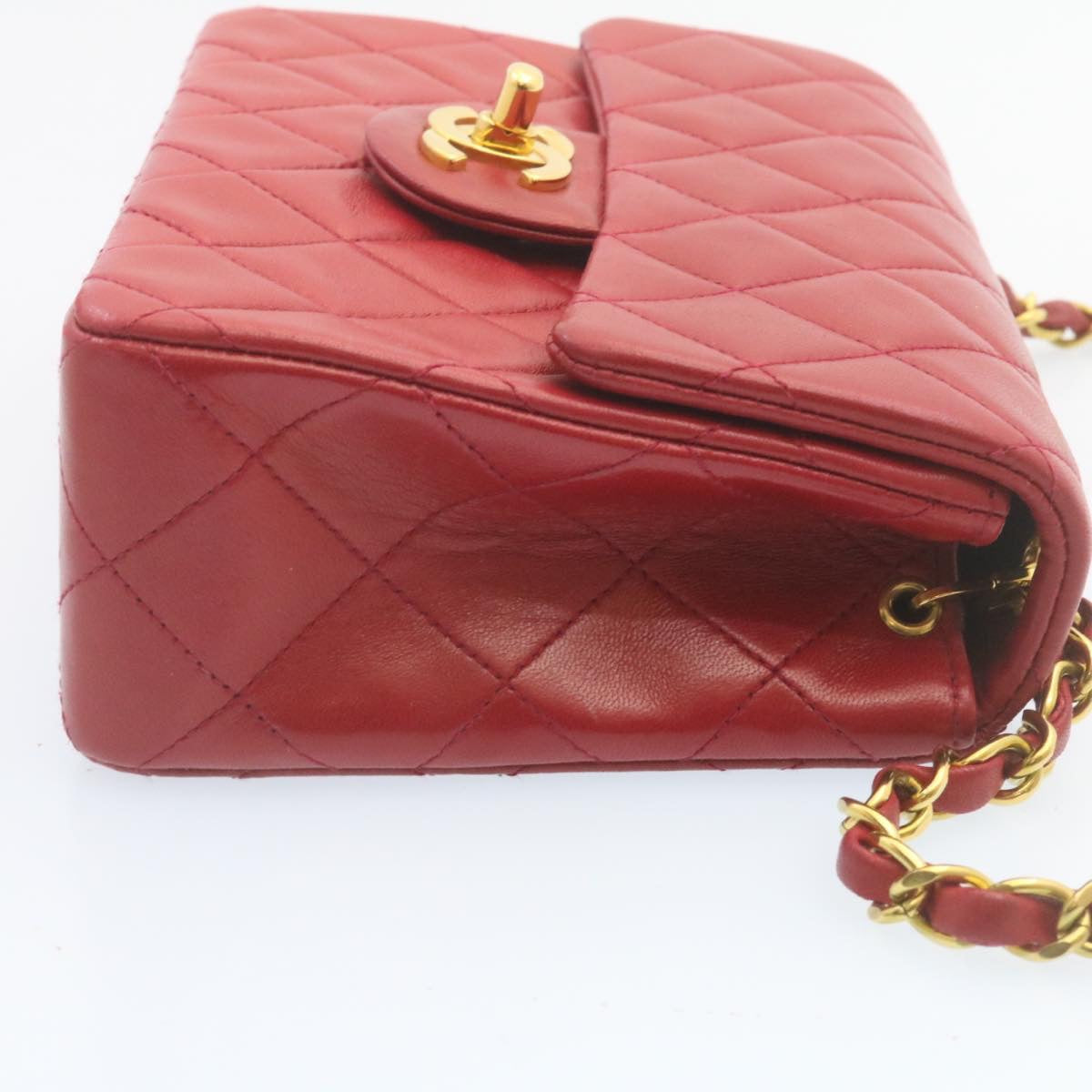CHANEL Matelasse Chain Flap Shoulder Bag Lamb Skin Turn Lock Red CC 28661A