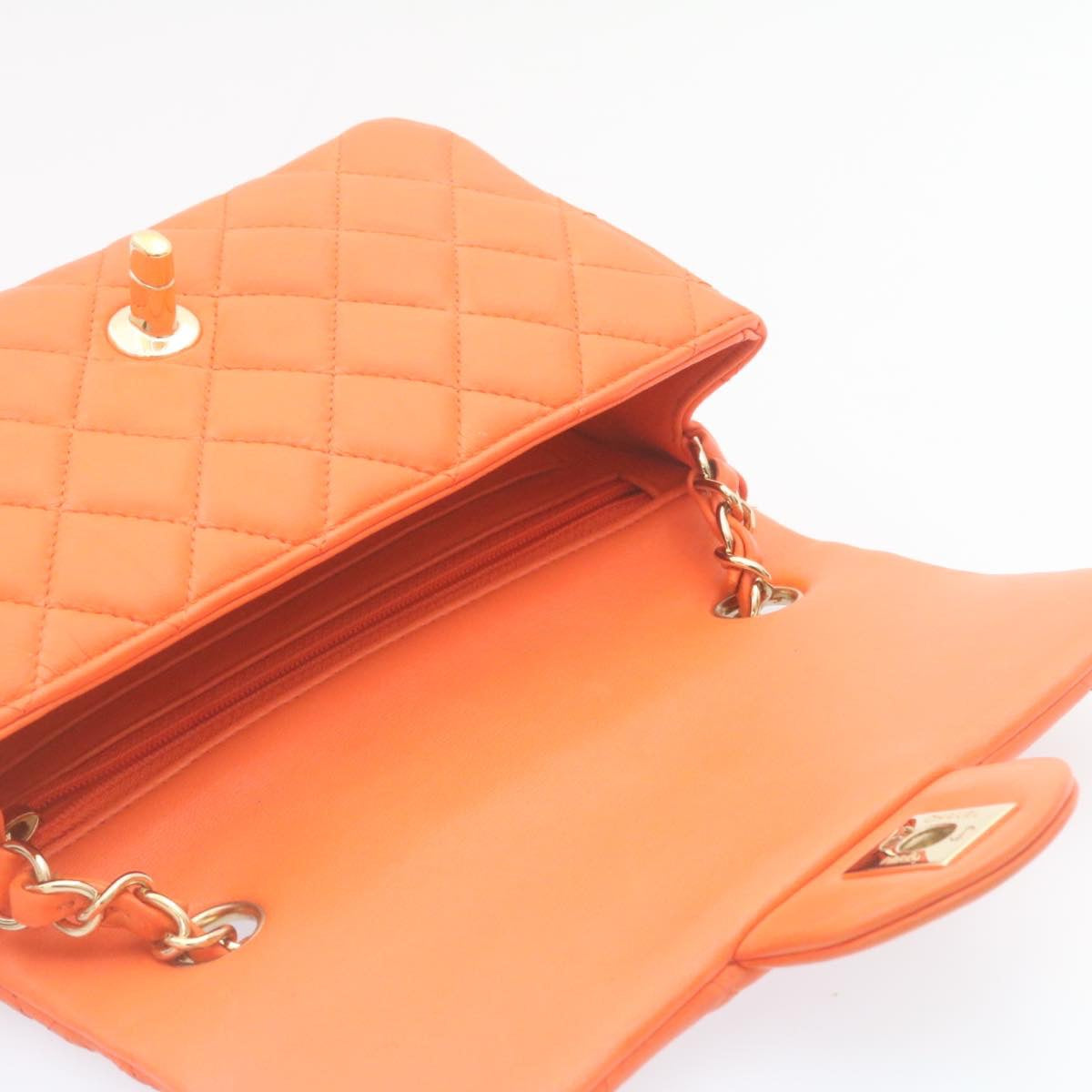 CHANEL Matelasse Mini Chain Flap Classic Shoulder Bag Lamb Skin Orange CC 29106A