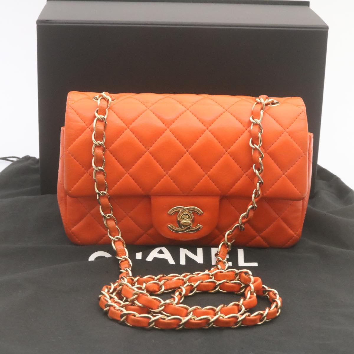 CHANEL Matelasse Mini Chain Flap Classic Shoulder Bag Lamb Skin Orange CC 29106A