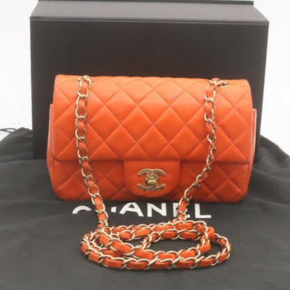 CHANEL Matelasse Mini Chain Flap Classic Shoulder Bag Lamb Skin Orange CC 29106A