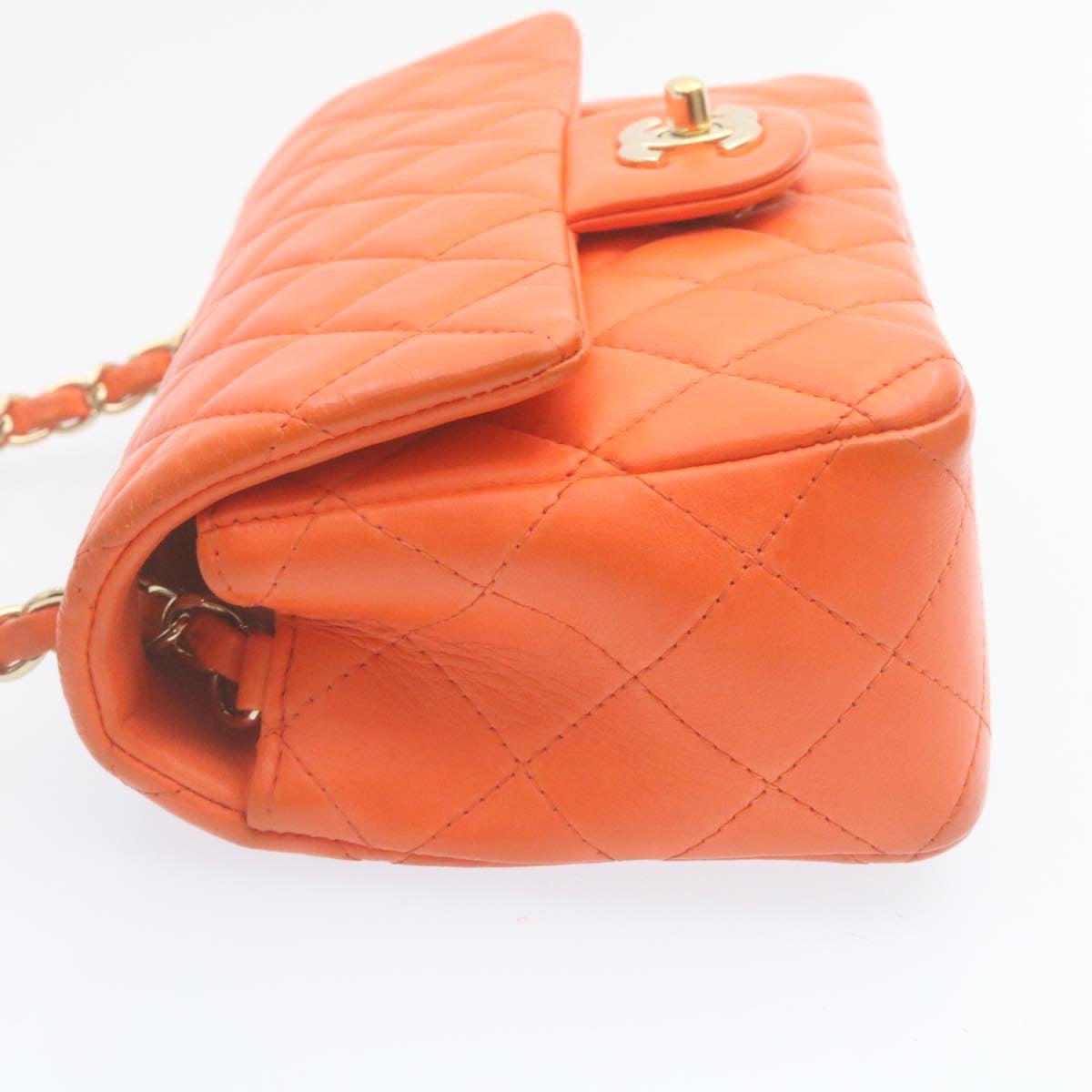 CHANEL Matelasse Mini Chain Flap Classic Shoulder Bag Lamb Skin Orange CC 29106A