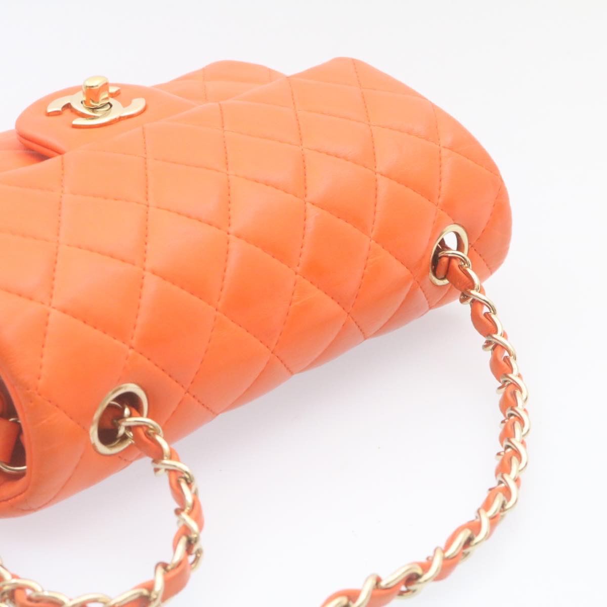 CHANEL Matelasse Mini Chain Flap Classic Shoulder Bag Lamb Skin Orange CC 29106A