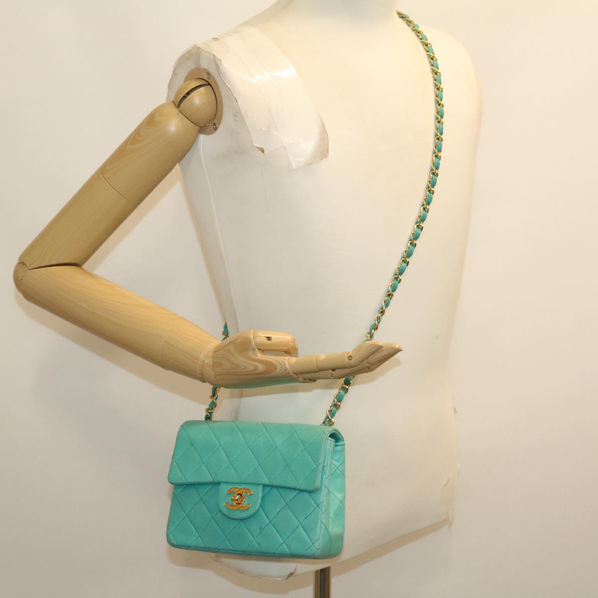 CHANEL Mini Matelasse Flap Chain Shoulder Bag Lamb Skin Light Blue 29527A