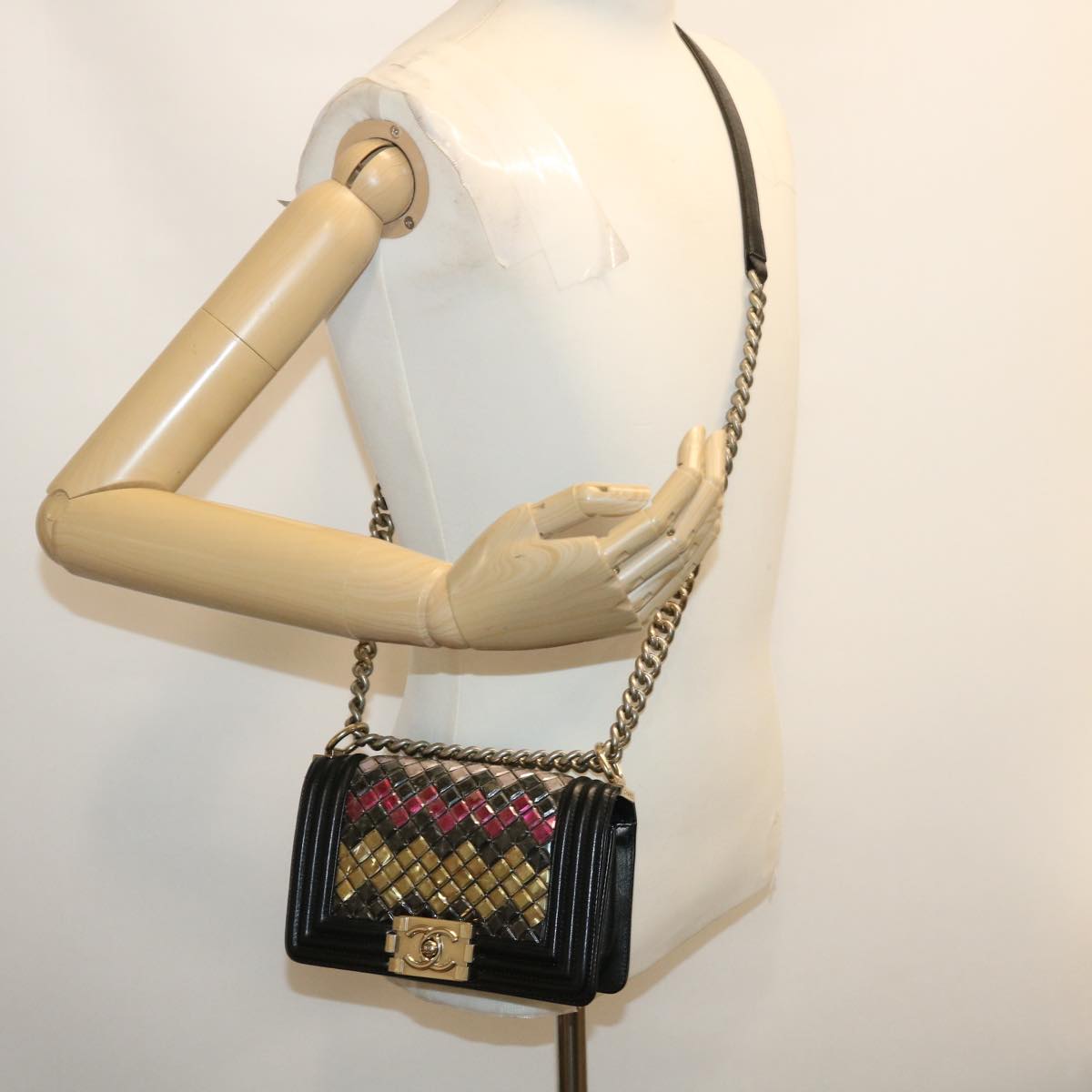 CHANEL Boy Chanel Chain Shoulder Bag Tile Black Multicolor CC 29551A