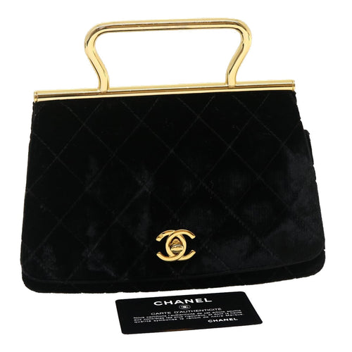 CHANEL Turn Lock Flap Matelasse Hand Bag velvet Black Gold CC 29565A