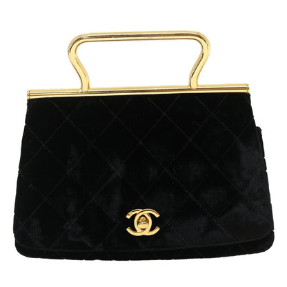 CHANEL Turn Lock Flap Matelasse Hand Bag velvet Black Gold CC 29565A