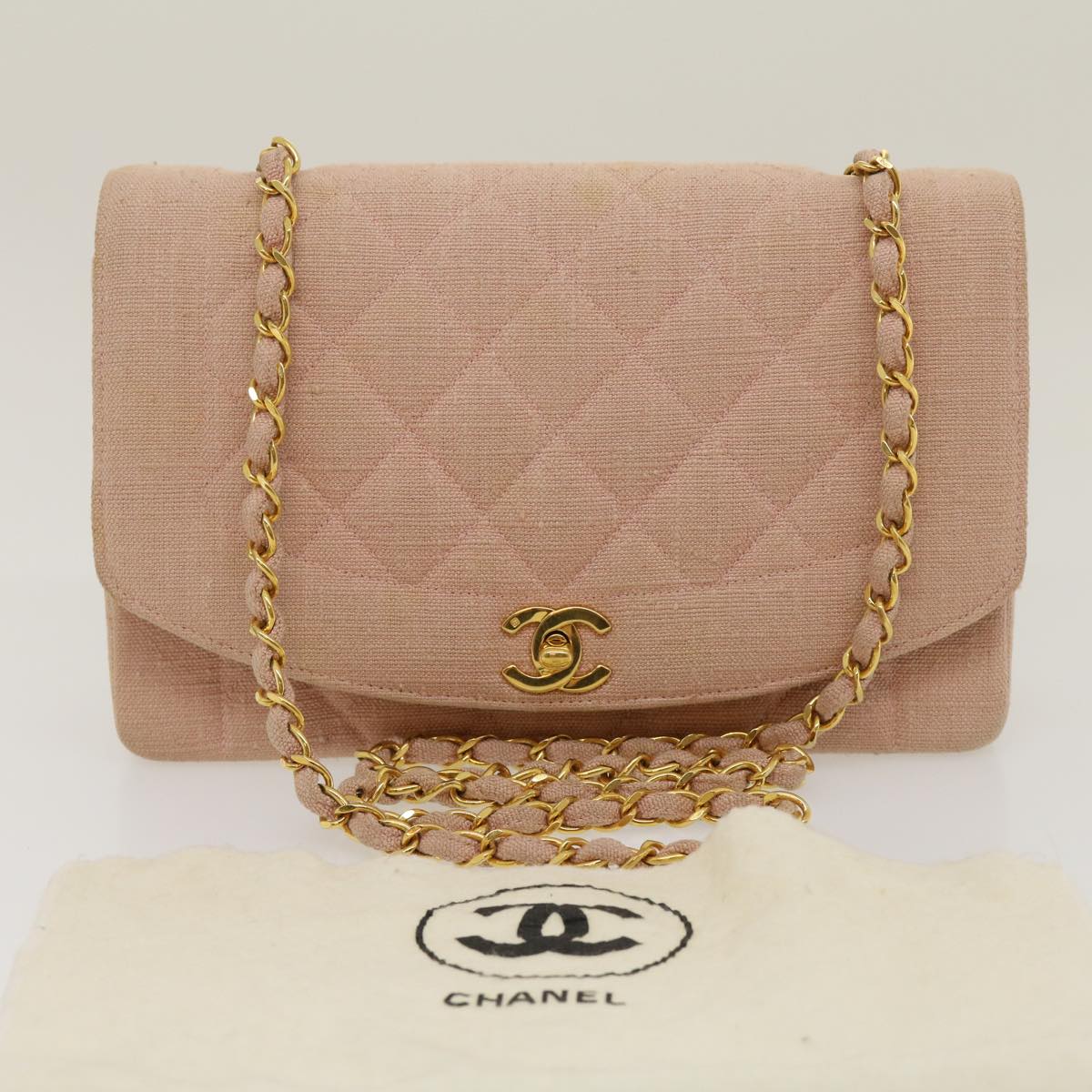 CHANEL Matelasse Turn Lock Chain Diana Shoulder Bag Canvas Pink CC 29889A