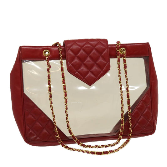 CHANEL Matelasse Chain Shoulder Bag Lamb Skin Enamel Red Clear CC 29894A
