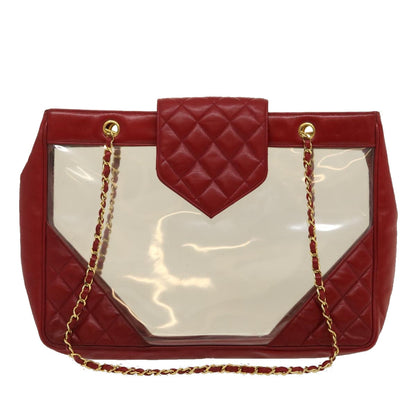 CHANEL Matelasse Chain Shoulder Bag Lamb Skin Enamel Red Clear CC 29894A