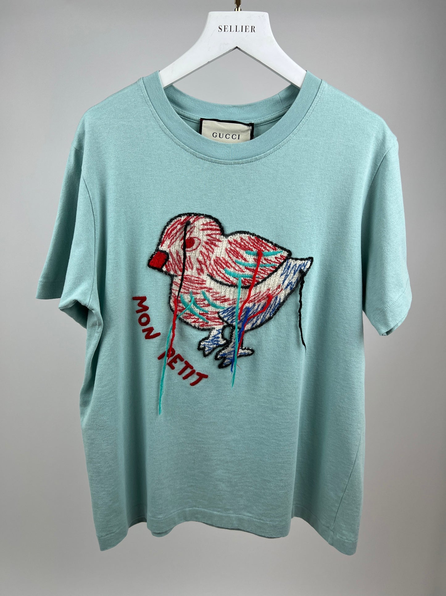 Gucci Baby Blue Cotton T Shirt with Embroidered Bird Size S (UK 8)