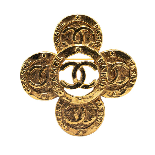 Gold Chanel Gold Plated CC Clover Brooch