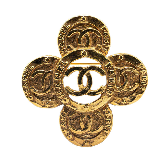 Gold Chanel Gold Plated CC Clover Brooch
