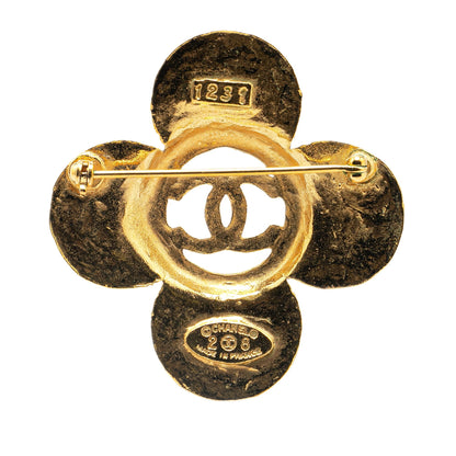 Gold Chanel Gold Plated CC Clover Brooch