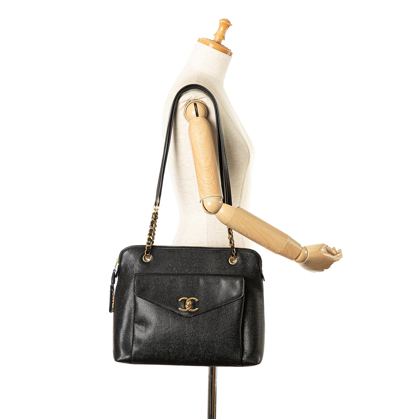 Black Chanel Caviar Front Pocket Chain Tote