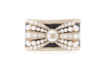 Chanel Black Rhinestone & Pearl Bow Cuff Bracelet