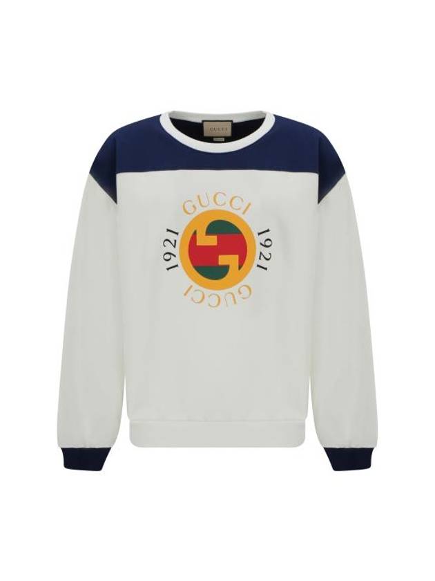 Gucci 1921 Logo Print Cotton Jersey Sweatshirt Ivory Blue