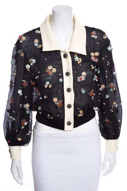 Chanel 2016 Seoul Collection Silk Organza Black Jacket SZ 38