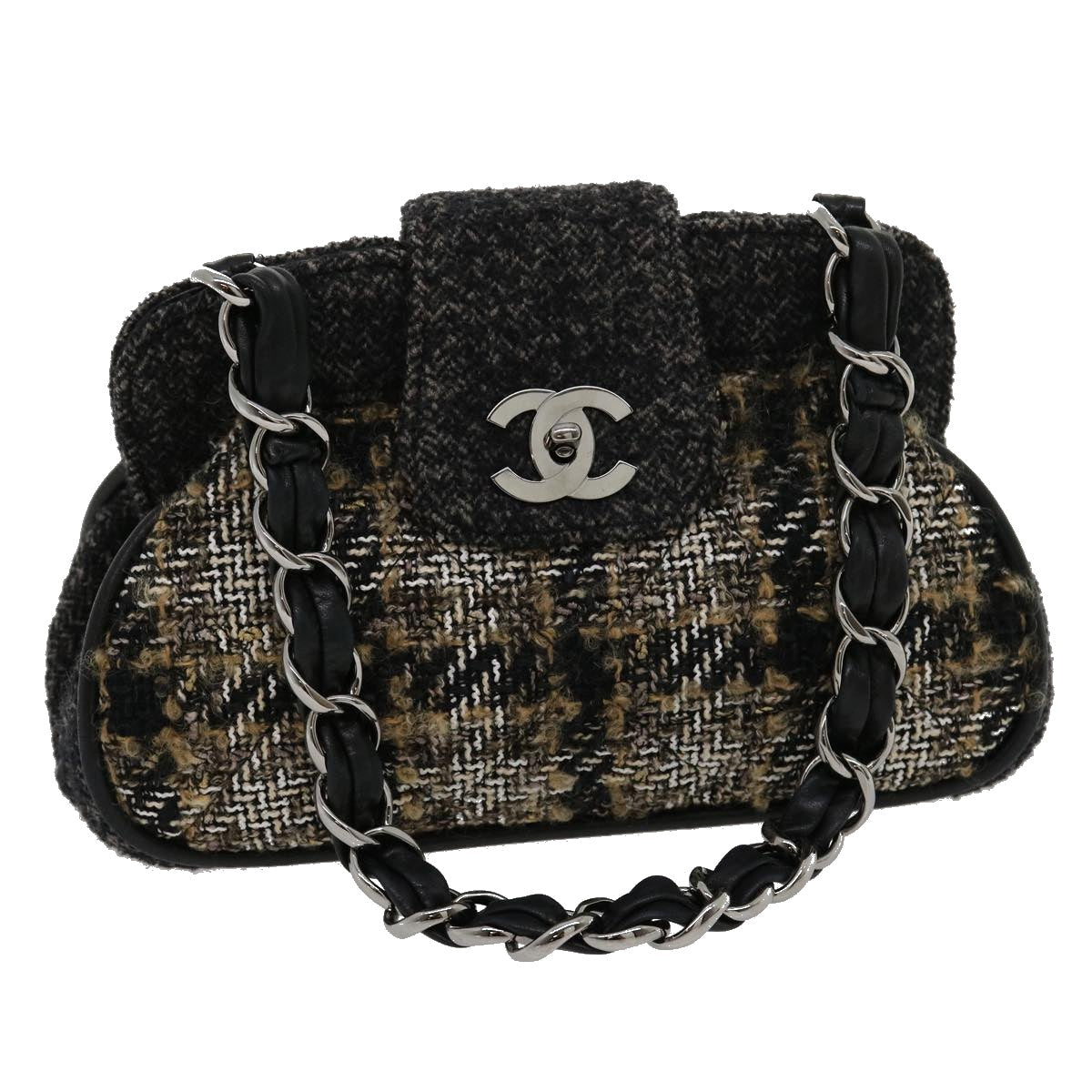 CHANEL Turn Lock Chain Shoulder Bag Wool Gray CC 30734A