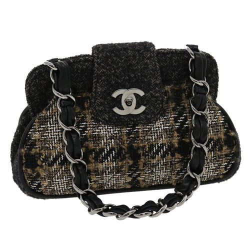 CHANEL Turn Lock Chain Shoulder Bag Wool Gray CC 30734A