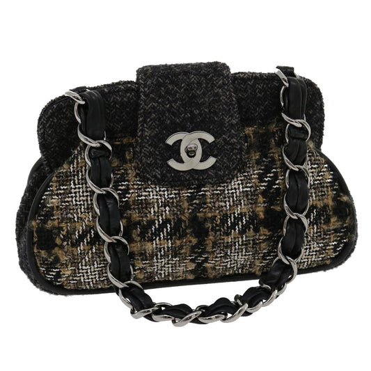CHANEL Turn Lock Chain Shoulder Bag Wool Gray CC 30734A