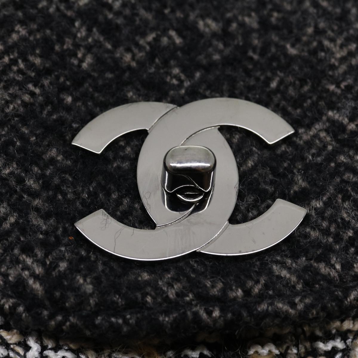 CHANEL Turn Lock Chain Shoulder Bag Wool Gray CC 30734A