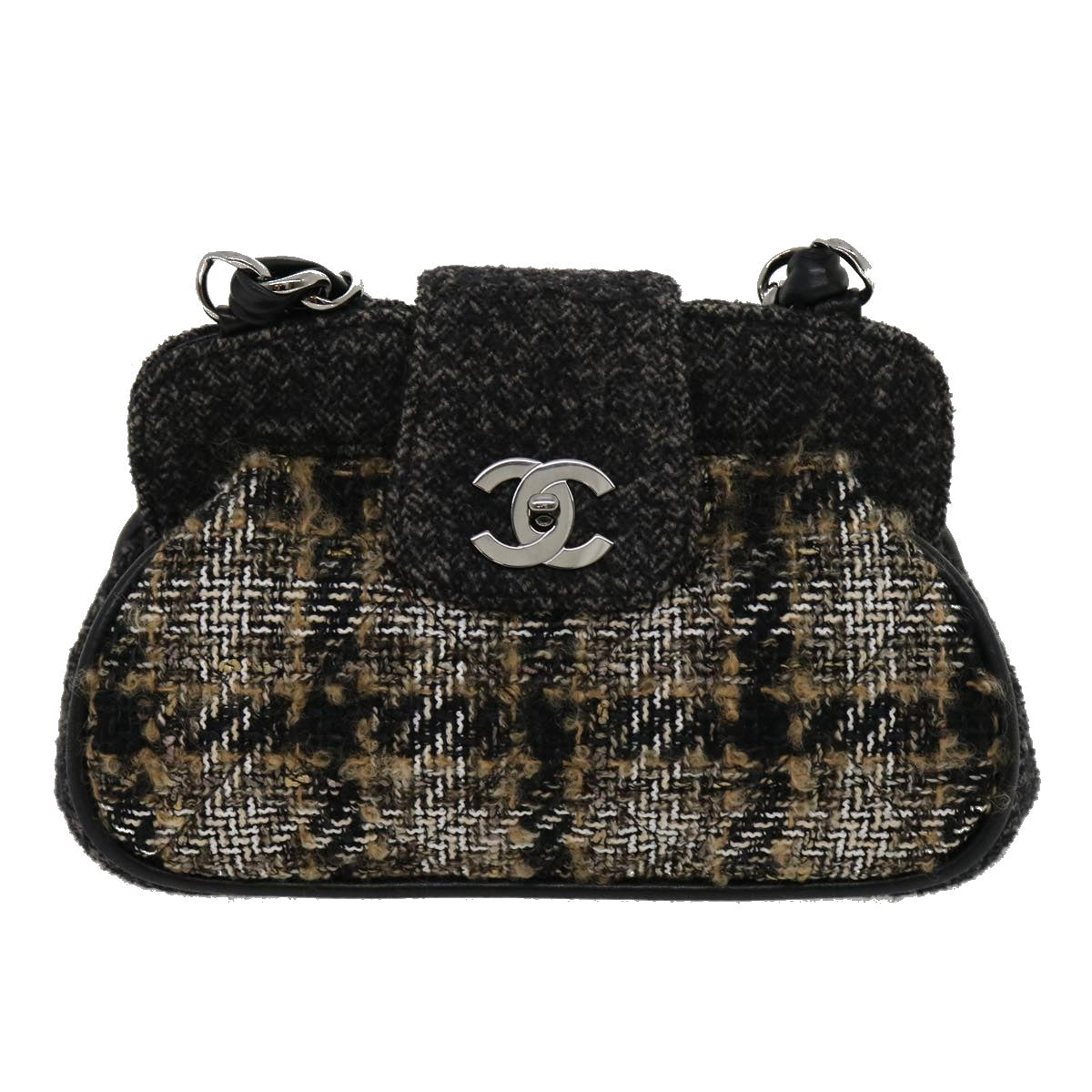 CHANEL Turn Lock Chain Shoulder Bag Wool Gray CC 30734A