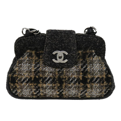 CHANEL Turn Lock Chain Shoulder Bag Wool Gray CC 30734A