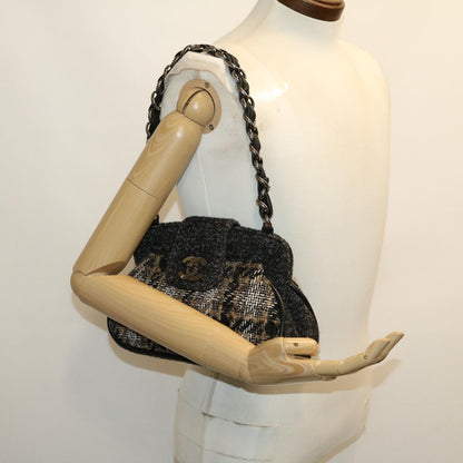 CHANEL Turn Lock Chain Shoulder Bag Wool Gray CC 30734A