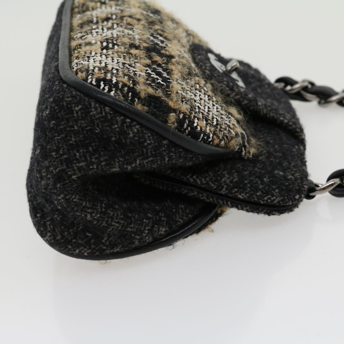 CHANEL Turn Lock Chain Shoulder Bag Wool Gray CC 30734A