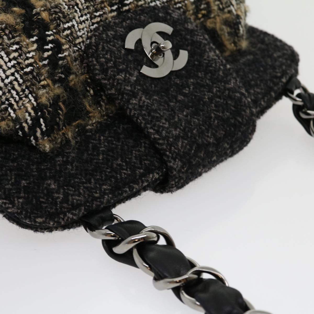 CHANEL Turn Lock Chain Shoulder Bag Wool Gray CC 30734A