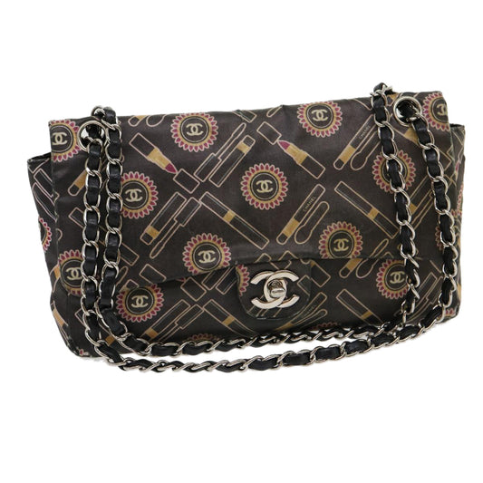 CHANEL Lip Chain Turn Lock Shoulder Bag Satin Black CC 30892