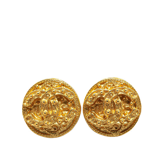 Gold Chanel Gold Plated CC Round Clip On Earrings
