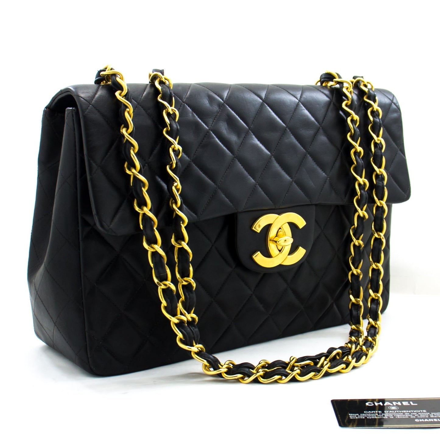 CHANEL Jumbo 13" 2.55 Flap Chain Shoulder Bag Black Lambskin Large g83