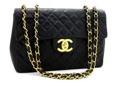 CHANEL Jumbo 13" 2.55 Flap Chain Shoulder Bag Black Lambskin Large g83