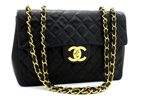 CHANEL Jumbo 13" 2.55 Flap Chain Shoulder Bag Black Lambskin Large g83