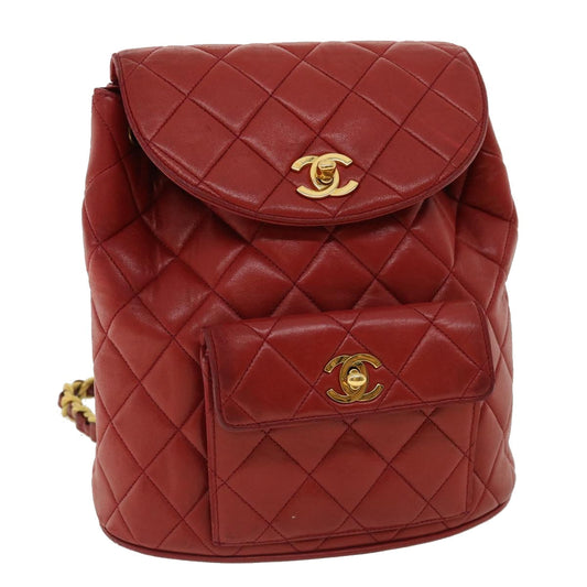 CHANEL Matelasse Chain Hand Bag Lamb Skin Red CC 31892A
