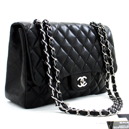 CHANEL Large Classic Handbag 11"Chain Shoulder Bag Flap Black Lamb h44