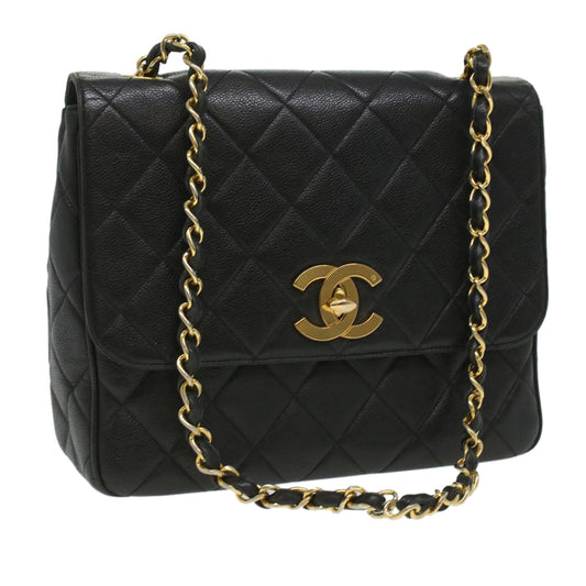 CHANEL Big Matelasse Turn Lock Shoulder Bag Caviar Skin Black CC 32155A