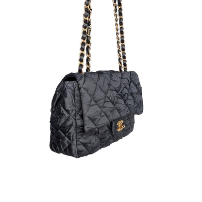 Chanel Black Satin Quilted Pleated Medium Single Flap