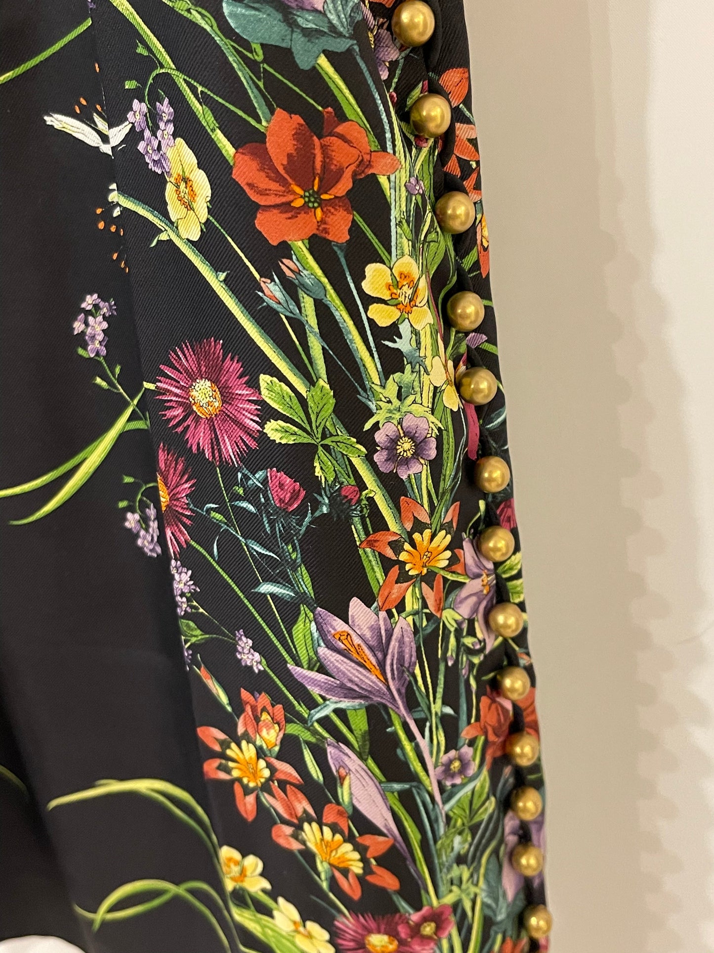 Gucci Black Silk Mini Floral Printed Dress with Gold Pearl Embellishments Size IT 38 (UK 6)