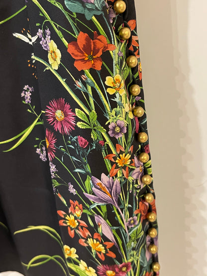Gucci Black Silk Mini Floral Printed Dress with Gold Pearl Embellishments Size IT 38 (UK 6)