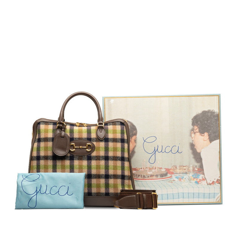Gucci Check Horsbit Handbag Shoulder Bag 2WAY 621640 Brown Green Leather Wool  Gucci