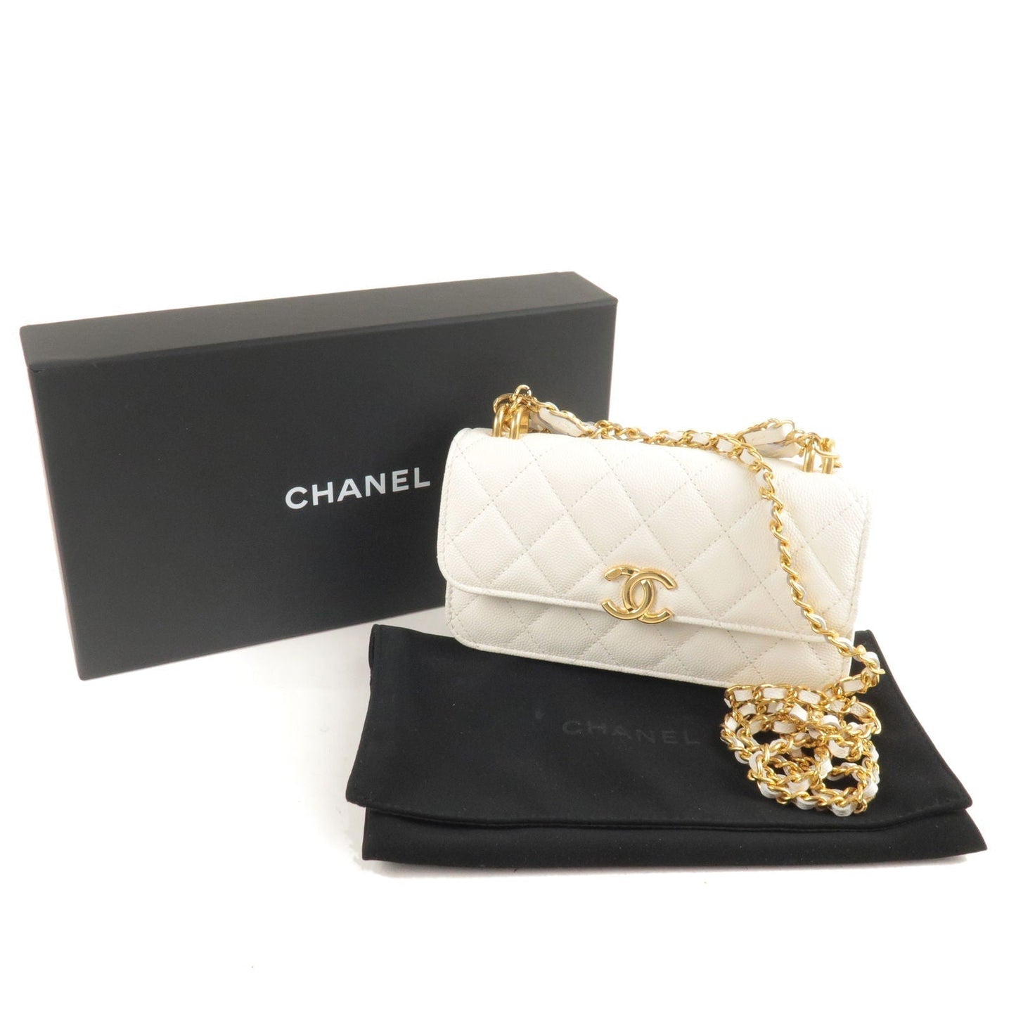 CHANEL Matelasee Caviar Skin 2Way Chain Shoulder Bag White