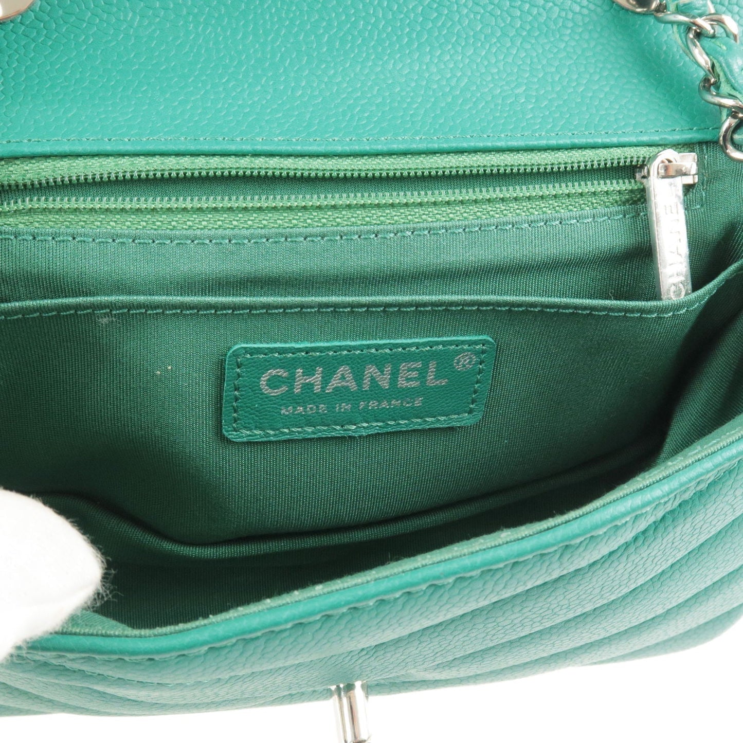 CHANEL V Stitch Caviar Skin Chain Shoulder Flap Bag Green