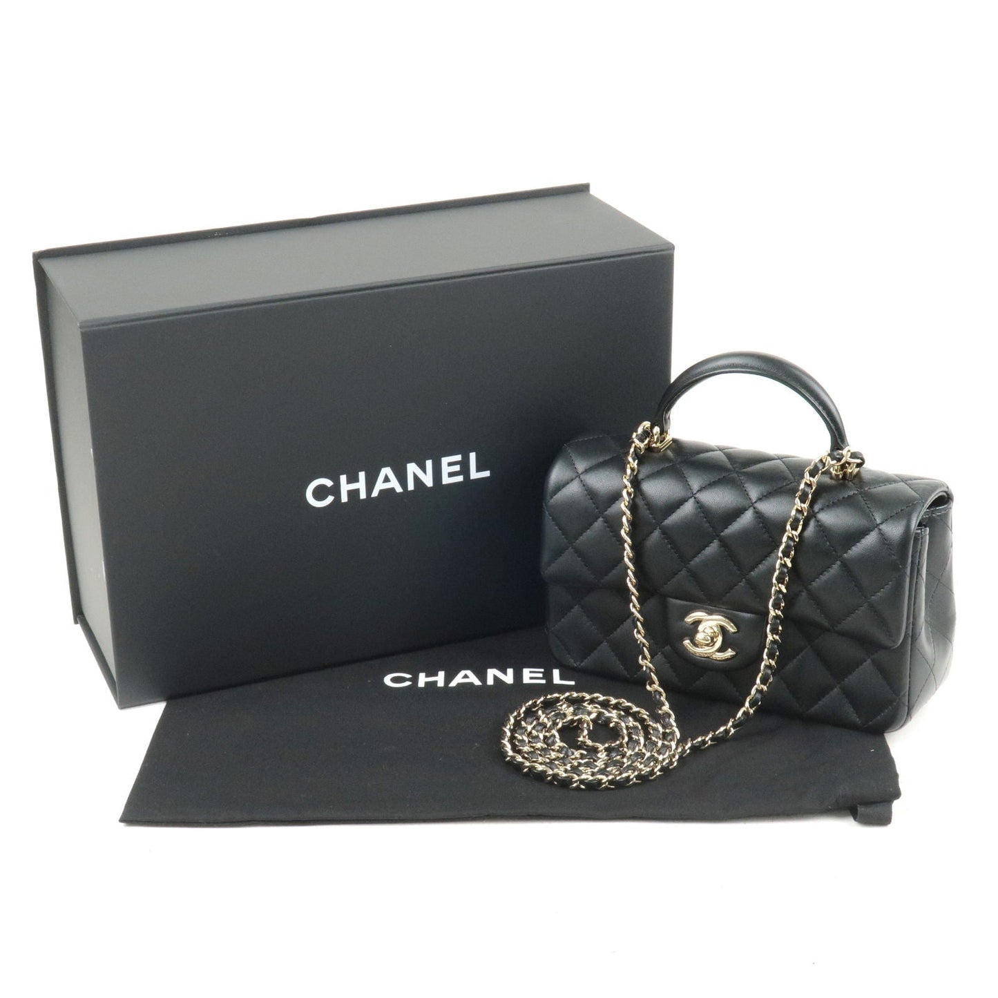 CHANEL Matelasse Lamb Skin Top Handle Mini Flap 2way Bag Black