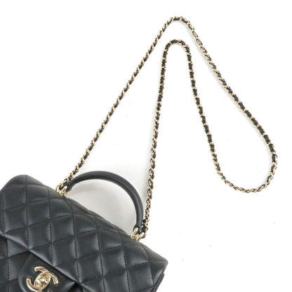 CHANEL Matelasse Lamb Skin Top Handle Mini Flap 2way Bag Black